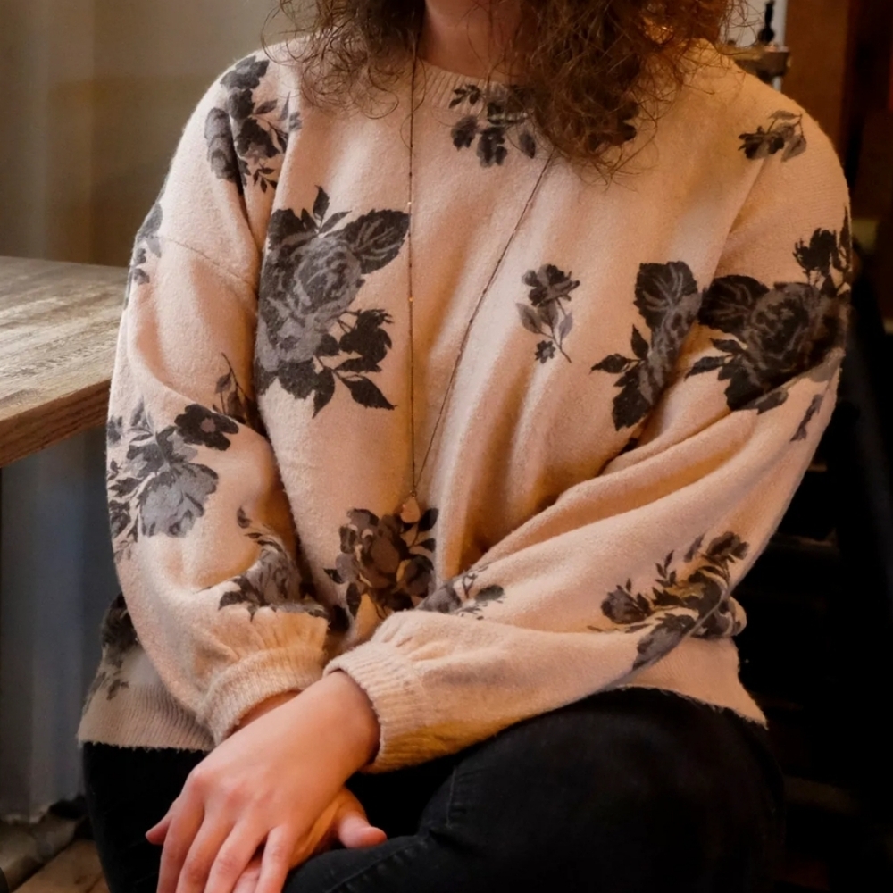 Altar'd State Floral Sweater Cream and Black Lantern Sleeve Cozy‎ Size Medium